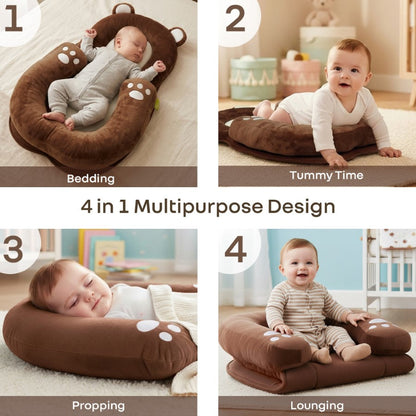 Snuggy Teddy Baby Nest Lounger - 4 in 1 Multipurpose Baby Bedding with Head Support Pillow, Plush Fabric, U-Shaped Cushion Design & Travel Friendly Baby Nest (0+ Months) - Brown