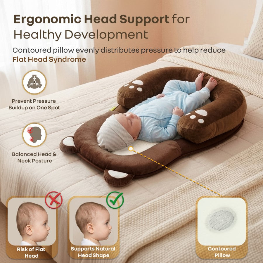 Snuggy Teddy Baby Nest Lounger - 4 in 1 Multipurpose Baby Bedding with Head Support Pillow, Plush Fabric, U-Shaped Cushion Design & Travel Friendly Baby Nest (0+ Months) - Brown