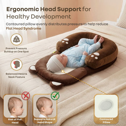 Snuggy Teddy Baby Nest Lounger - 4 in 1 Multipurpose Baby Bedding with Head Support Pillow, Plush Fabric, U-Shaped Cushion Design & Travel Friendly Baby Nest (0+ Months) - Brown
