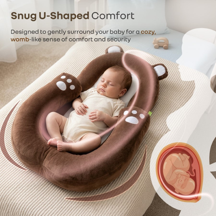 Snuggy Teddy Baby Nest Lounger - 4 in 1 Multipurpose Baby Bedding with Head Support Pillow, Plush Fabric, U-Shaped Cushion Design & Travel Friendly Baby Nest (0+ Months) - Brown
