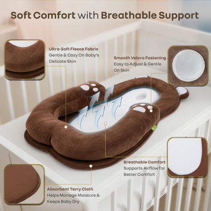 Snuggy Teddy Baby Nest Lounger - 4 in 1 Multipurpose Baby Bedding with Head Support Pillow, Plush Fabric, U-Shaped Cushion Design & Travel Friendly Baby Nest (0+ Months) - Brown