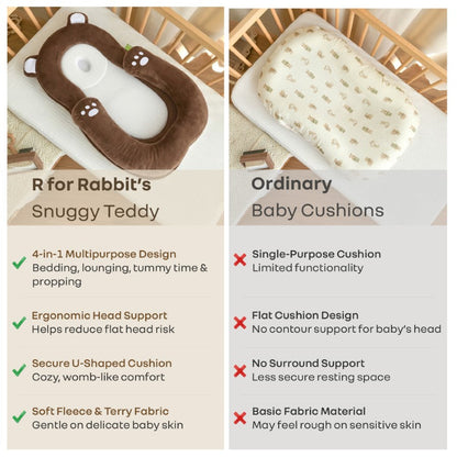 Snuggy Teddy Baby Nest Lounger - 4 in 1 Multipurpose Baby Bedding with Head Support Pillow, Plush Fabric, U-Shaped Cushion Design & Travel Friendly Baby Nest (0+ Months) - Brown