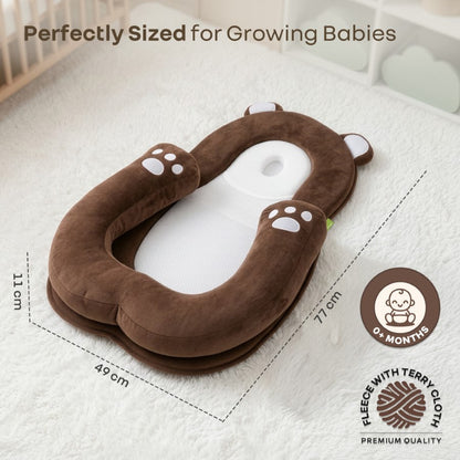 Snuggy Teddy Baby Nest Lounger - 4 in 1 Multipurpose Baby Bedding with Head Support Pillow, Plush Fabric, U-Shaped Cushion Design & Travel Friendly Baby Nest (0+ Months) - Brown