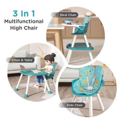 Cherry Berry Safari Baby High Chair, 3 in 1 Convertible High Chair Cum Kids Study Table - Lake Blue