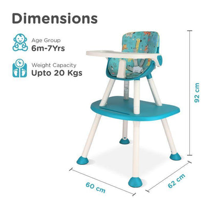 Cherry Berry Safari Baby High Chair, 3 in 1 Convertible High Chair Cum Kids Study Table - Lake Blue