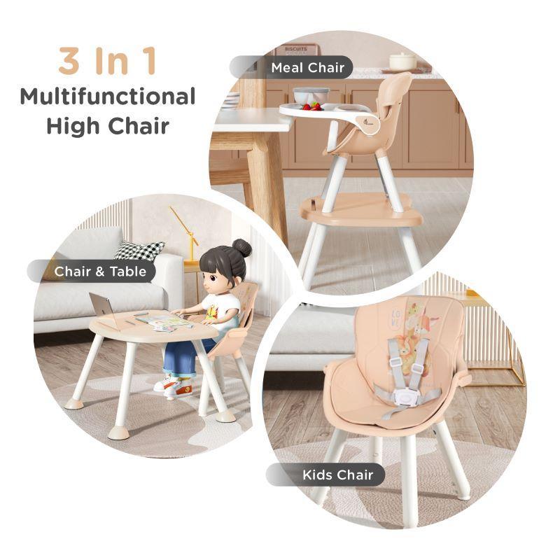 Cherry Berry Safari Baby High Chair, 3 in 1 Convertible High Chair Cum Kids Study Table - Beige