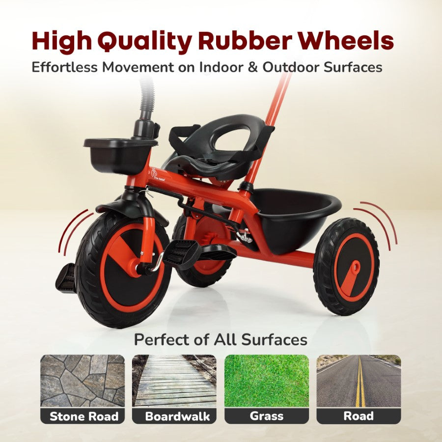 Tiny Toes R20 Plus Tricycle for Kids with Safety Certification, Plug-and-Play Design, Rubber Wheels & Steel Frame - Cherry Red