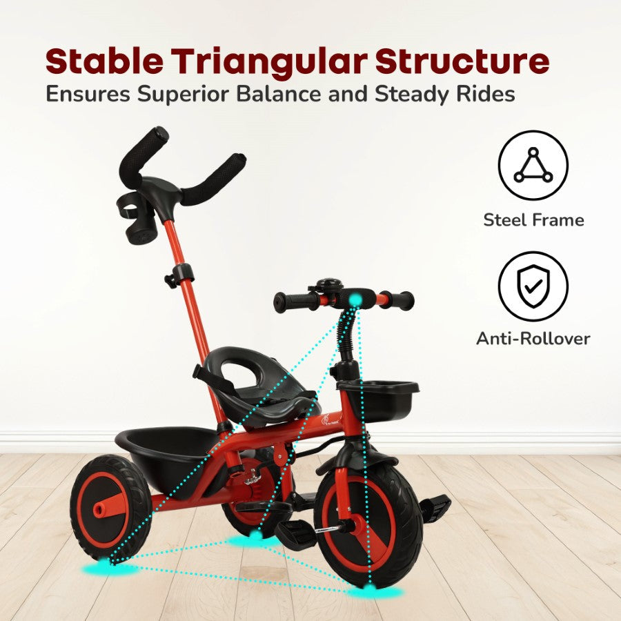 Tiny Toes R20 Plus Tricycle for Kids with Safety Certification, Plug-and-Play Design, Rubber Wheels & Steel Frame - Cherry Red