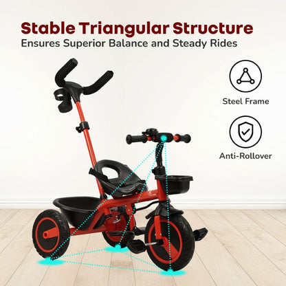 Tiny Toes R20 Plus Tricycle for Kids with Safety Certification, Plug-and-Play Design, Rubber Wheels & Steel Frame - Cherry Red