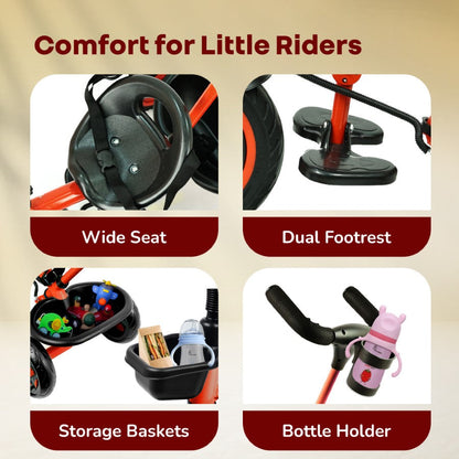 Tiny Toes R20 Plus Tricycle for Kids with Safety Certification, Plug-and-Play Design, Rubber Wheels & Steel Frame - Cherry Red