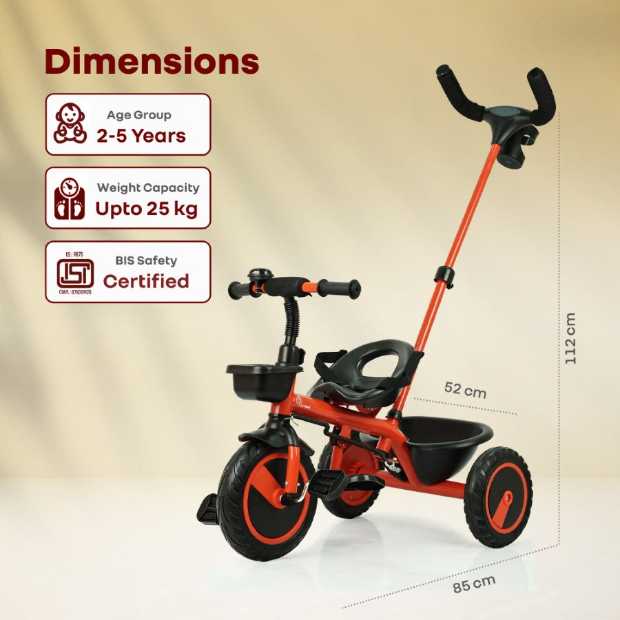 Tiny Toes R20 Plus Tricycle for Kids with Safety Certification, Plug-and-Play Design, Rubber Wheels & Steel Frame - Cherry Red