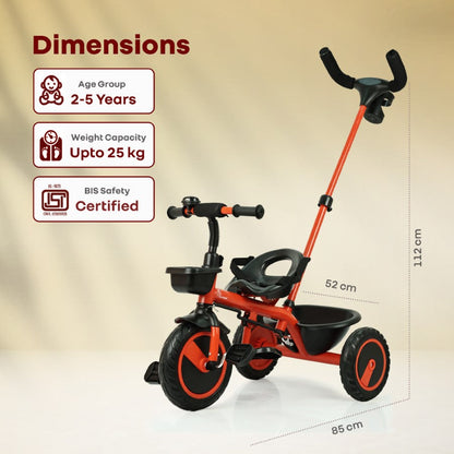 Tiny Toes R20 Plus Tricycle for Kids with Safety Certification, Plug-and-Play Design, Rubber Wheels & Steel Frame - Cherry Red