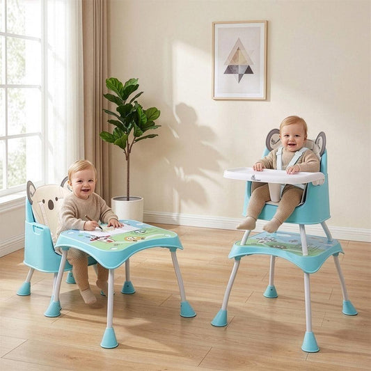 4 in 1 Cherry Berry Grand High Chair - Convertible, Removable Tray, Non Slippery-Anti Tipping, Booster Seat, Study Table & Chair Convertible - Teddy Green