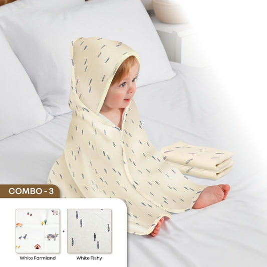 Softkins Baby Hooded Knit Towel with 100% Natural Cotton, Soft & Quick Dry - Fishy Farmland