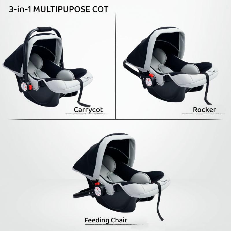 Cozy 3 In 1 Multipurpose Baby Carry Cot Rocker Portable With Washable Cover 0 To 15 Months - Black Grey