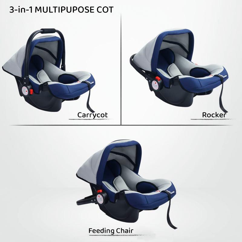 Cozy 3 In 1 Multipurpose Baby Carry Cot Rocker Portable With Washable Cover 0 To 15 Months - Blue Grey