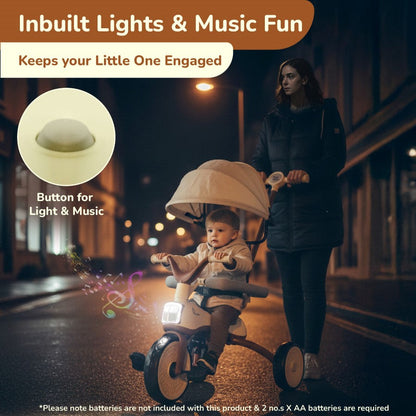 Tiny Toes Karizma - Luxury 3-in-1 Smart Tricycle for Kids 2 to 5 Years with Music & Canopy - Cream Brown
