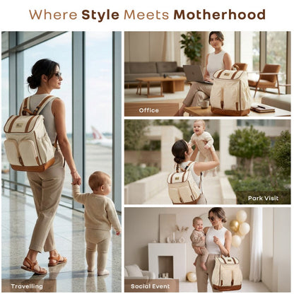 Caramello Bold Hazel Stylish Mom Bag, Vegan Leather, Stroller Hanging Rings - Cream Brown