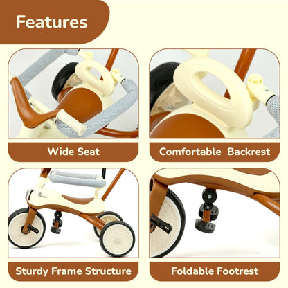 Tiny Toes Karizma - Luxury 3-in-1 Smart Tricycle for Kids 2 to 5 Years with Music & Canopy - Cream Brown