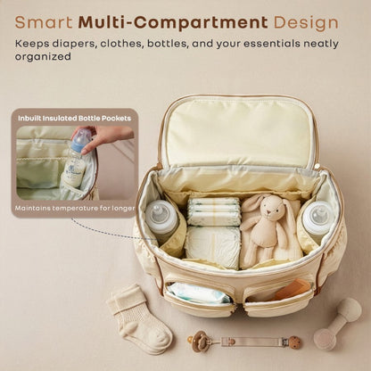 Caramello Bold Hazel Stylish Mom Bag, Vegan Leather, Stroller Hanging Rings - Cream Brown