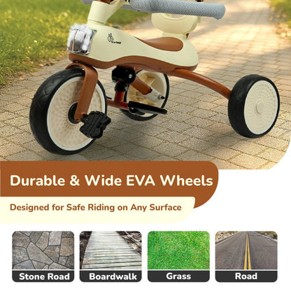 Tiny Toes Karizma - Luxury 3-in-1 Smart Tricycle for Kids 2 to 5 Years with Music & Canopy - Cream Brown