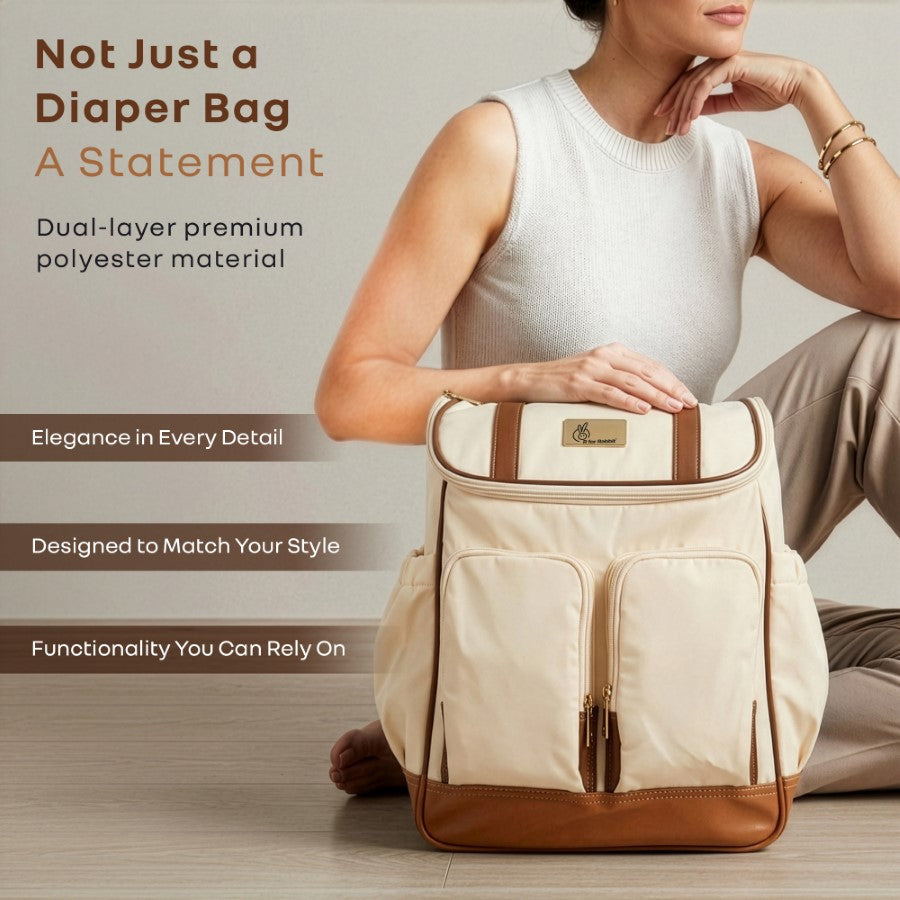 Caramello Bold Hazel Stylish Mom Bag, Vegan Leather, Stroller Hanging Rings - Cream Brown