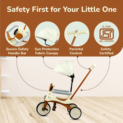 Tiny Toes Karizma - Luxury 3-in-1 Smart Tricycle for Kids 2 to 5 Years with Music & Canopy - Cream Brown