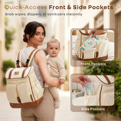 Caramello Bold Hazel Stylish Mom Bag, Vegan Leather, Stroller Hanging Rings - Cream Brown