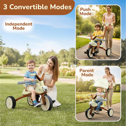 Tiny Toes Karizma - Luxury 3-in-1 Smart Tricycle for Kids 2 to 5 Years with Music & Canopy - Cream Brown
