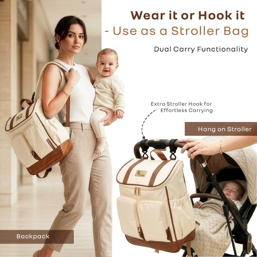 Caramello Bold Hazel Stylish Mom Bag, Vegan Leather, Stroller Hanging Rings - Cream Brown