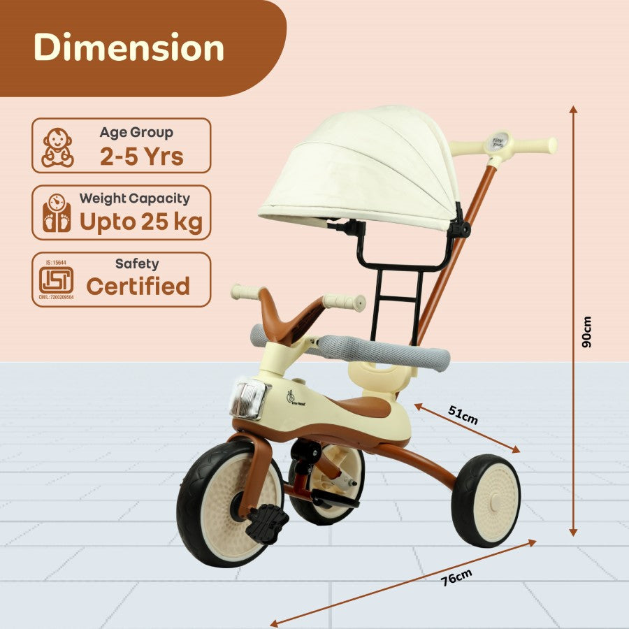 Tiny Toes Karizma - Luxury 3-in-1 Smart Tricycle for Kids 2 to 5 Years with Music & Canopy - Cream Brown