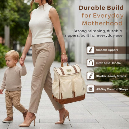 Caramello Bold Hazel Stylish Mom Bag, Vegan Leather, Stroller Hanging Rings - Cream Brown