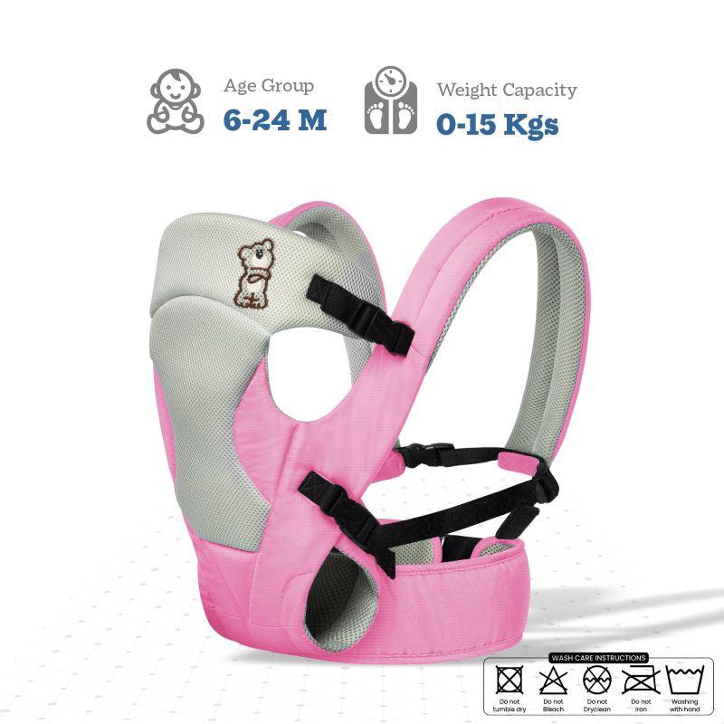 New Cuddle Snuggle Carriers cum Kangaroo Bag, Front / Back Baby Carrier Position, Foldable Head Support - Pink Grey