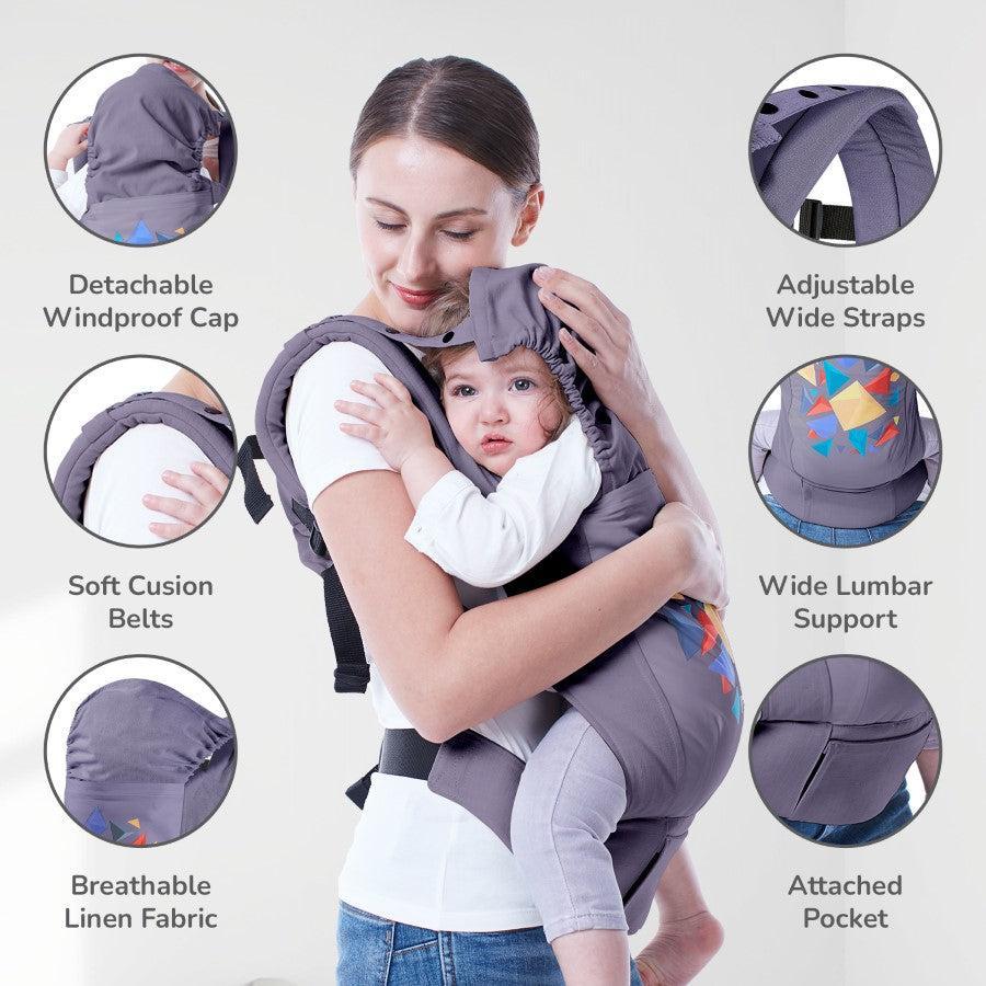 Hug Me Elite Baby Carrier Front & Back Carrier Position, Soft Linen Fabric, Wide Strap With Cap & Mobile Pocket - Dark Grey