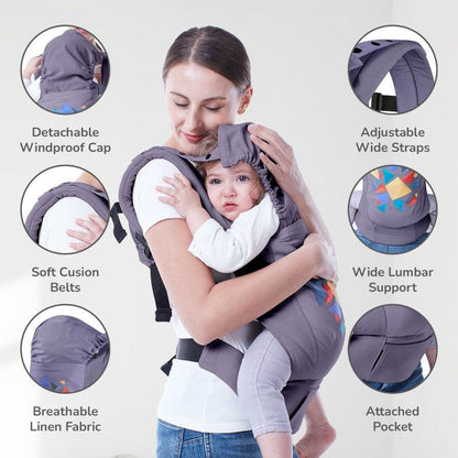 Hug Me Elite Baby Carrier Front & Back Carrier Position, Soft Linen Fabric, Wide Strap With Cap & Mobile Pocket - Dark Grey