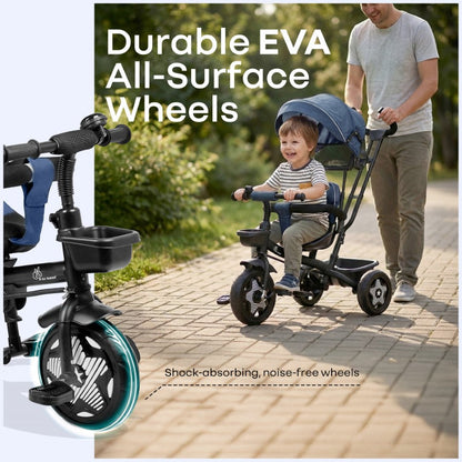 Tiny Toes R40 Ace 360° Rotatable Seat Baby Tricycle with Parent Control Handle, Adjustable Canopy & EVA Wheels (2–5 Years) - Denim Blue