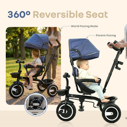 Tiny Toes R40 Plus Baby Tricycle with Canopy, Footrests, Plug-N-Play Wheels & Adjustable Parent Handle (Up to 25 kg) - Denim Blue