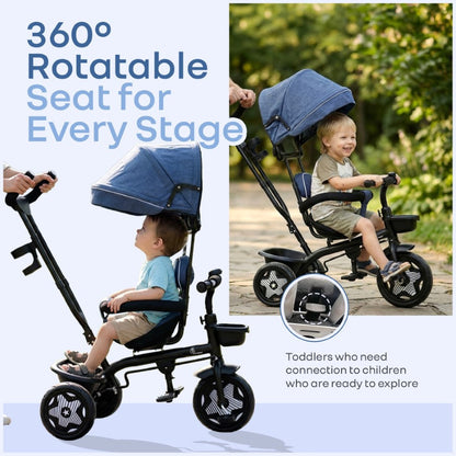 Tiny Toes R40 Ace 360° Rotatable Seat Baby Tricycle with Parent Control Handle, Adjustable Canopy & EVA Wheels (2–5 Years) - Denim Blue