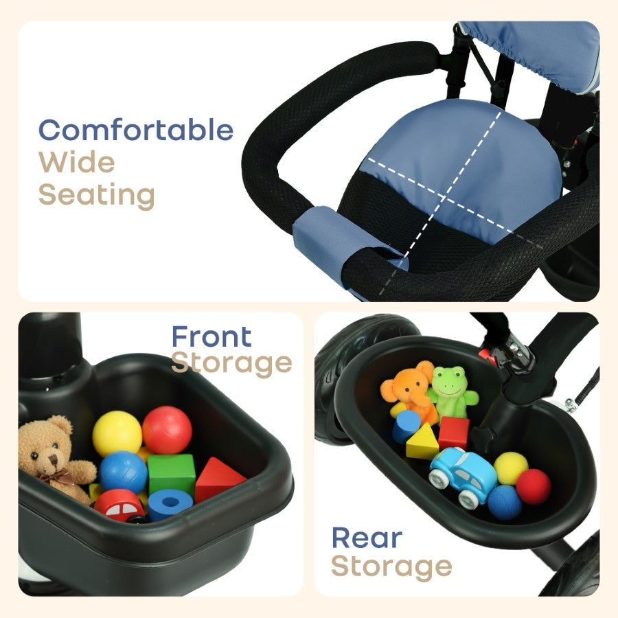 Tiny Toes R40 Plus Baby Tricycle with Canopy, Footrests, Plug-N-Play Wheels & Adjustable Parent Handle (Up to 25 kg) - Denim Blue