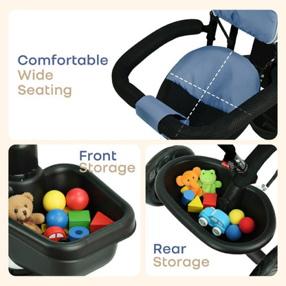 Tiny Toes R40 Plus Baby Tricycle with Canopy, Footrests, Plug-N-Play Wheels & Adjustable Parent Handle (Up to 25 kg) - Denim Blue