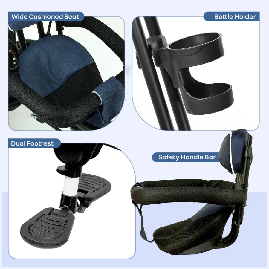 Tiny Toes R40 Ace 360° Rotatable Seat Baby Tricycle with Parent Control Handle, Adjustable Canopy & EVA Wheels (2–5 Years) - Denim Blue