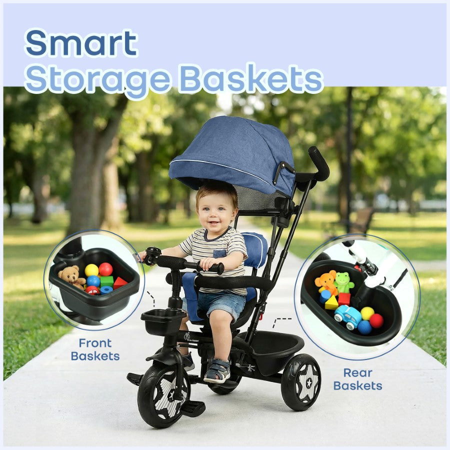 Tiny Toes R40 Ace 360° Rotatable Seat Baby Tricycle with Parent Control Handle, Adjustable Canopy & EVA Wheels (2–5 Years) - Denim Blue
