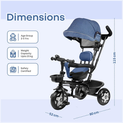 Tiny Toes R40 Ace 360° Rotatable Seat Baby Tricycle with Parent Control Handle, Adjustable Canopy & EVA Wheels (2–5 Years) - Denim Blue