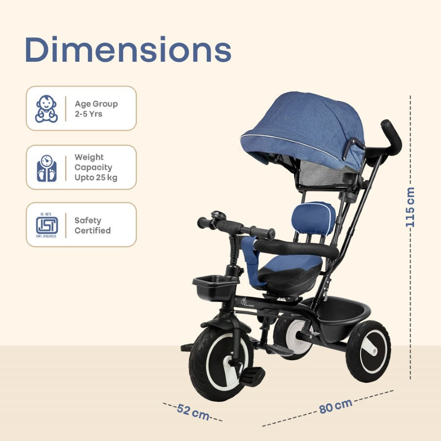 Tiny Toes R40 Plus Baby Tricycle with Canopy, Footrests, Plug-N-Play Wheels & Adjustable Parent Handle (Up to 25 kg) - Denim Blue