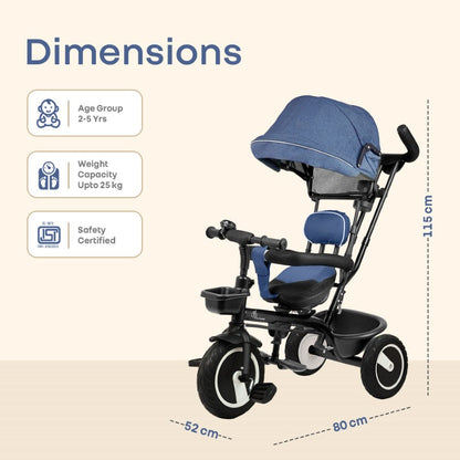 Tiny Toes R40 Plus Baby Tricycle with Canopy, Footrests, Plug-N-Play Wheels & Adjustable Parent Handle (Up to 25 kg) - Denim Blue