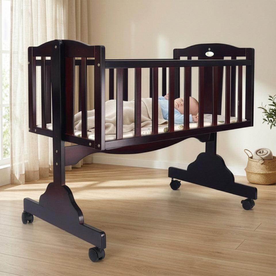Dream Time Wooden Cradle - Swing & Wheel Lock, High Quality Pine Wood, Scratch Resistant - Brown