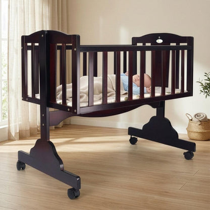 Dream Time Wooden Cradle - Swing & Wheel Lock, High Quality Pine Wood, Scratch Resistant - Brown