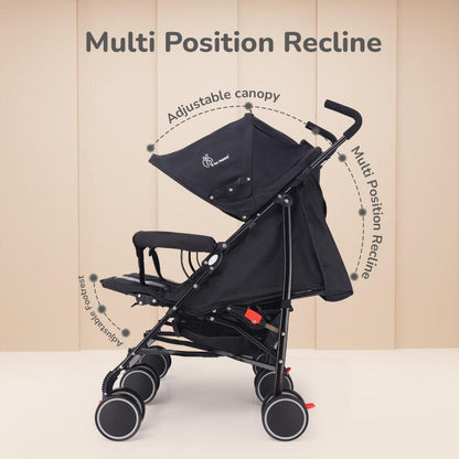 Ginny and Johnny Stroller Compact Fold, Dual Basket, Multi-Position Recline Seat, Rear Brake - Black Grey