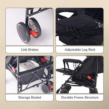 Ginny and Johnny Stroller Compact Fold, Dual Basket, Multi-Position Recline Seat, Rear Brake - Black Grey