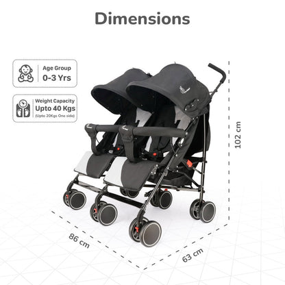 Ginny and Johnny Stroller Compact Fold, Dual Basket, Multi-Position Recline Seat, Rear Brake - Black Grey